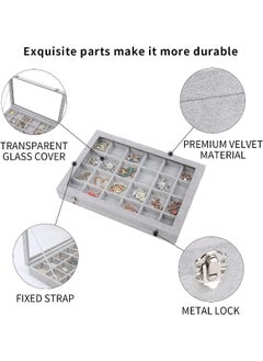 Rubik Jewelry Tray, 24 Grid Multi-Functional Jewelry Organizer With Lid And Lock For Ring Earring Stud Necklace Bracelet Watch Showcase Display Storage Tray - Grey  - Image 3