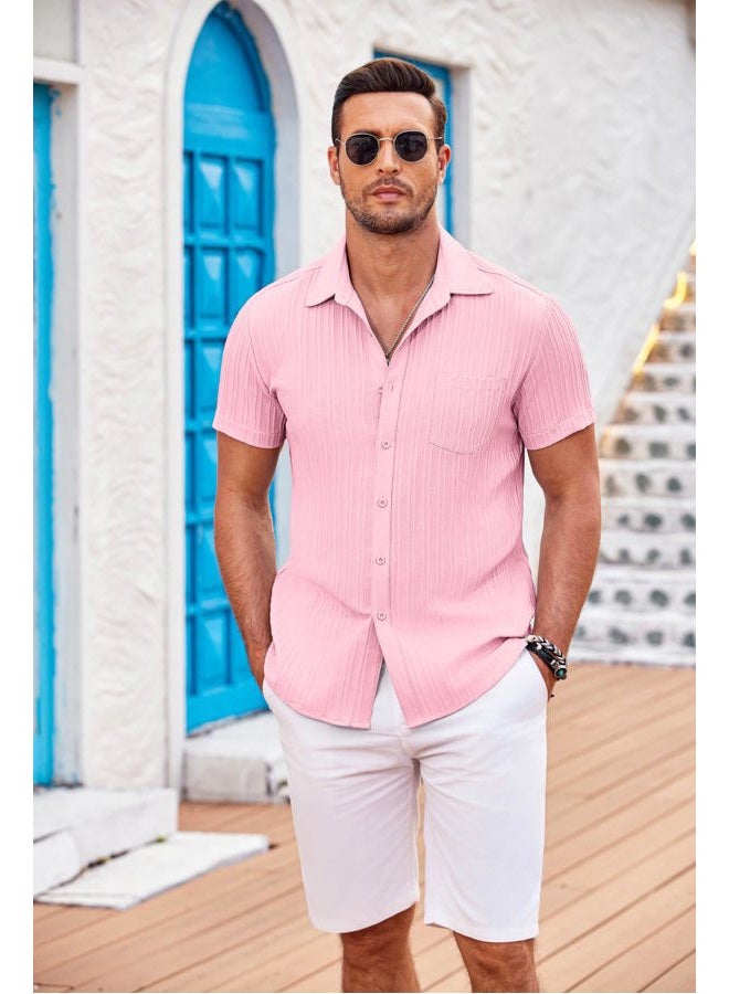 COOFANDY Men's Casual Button Down Shirts Short Sleeve Textured Summer Beach Shirt with Pocket - Image 2