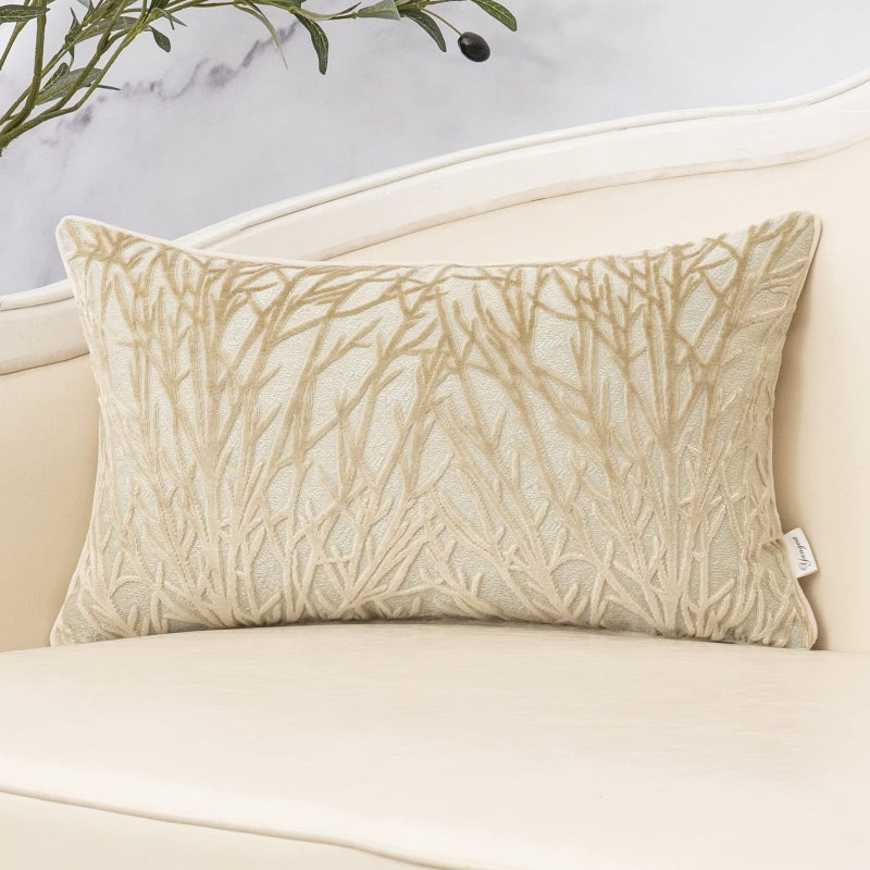 Yangest Beige Throw Pillow Cover Velvet Cushion Cover Branches Rectangular Neutral Pillowcase for Sofa Couch Bedroom Living Room 12x20 Inch