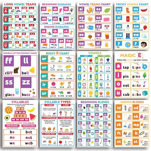 Sproutbrite 12 Educational Poster Bundle for Toddlers - (12"x16") Phonics Vowels Poster Language Arts Charts for Preschool, Homeschool Motivation - Inspired Learning Charts that Helps Toddlers Understand Vowel Sounds and Syllable Patterns Easily - Image 1