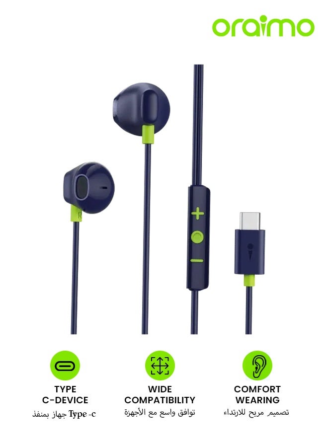 OEP-650 USB-C Wired In-Ear Headphones and Earbuds with Mic and Inline Remote For Hands-Free Calls Noise Cancelling Headset for iPhone Type C, iPad, Samsung Type C - Blue Blue