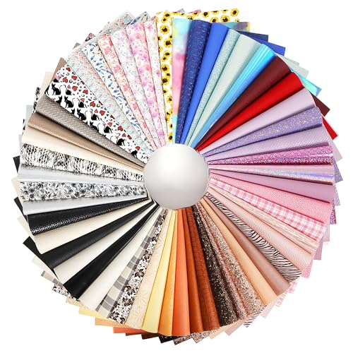 LOTOFUN 30 Pieces Random Colors Faux Leather Sheets 8X 6Inch Multiple Styles Mixed Glitter Grain Texture Embossed Pattern Printed Colored Leather for Earrings Making Hair Bow and Crafts DIY - Image 1