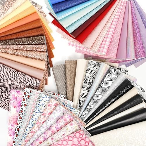 LOTOFUN 30 Pieces Random Colors Faux Leather Sheets 8X 6Inch Multiple Styles Mixed Glitter Grain Texture Embossed Pattern Printed Colored Leather for Earrings Making Hair Bow and Crafts DIY - Image 3