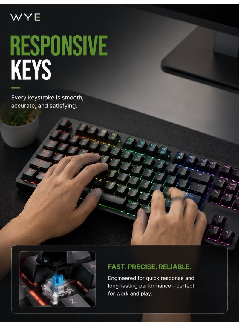 WYE Wireless Gaming Keyboard | RGB Backlit Gaming Keyboard | Responsive Mechanical Feel Keys | 2.4G Wireless Connectivity | Ergonomic Design | Full-Size Keyboard | Compatible with PC, Laptop & Windows Devices - Image 5