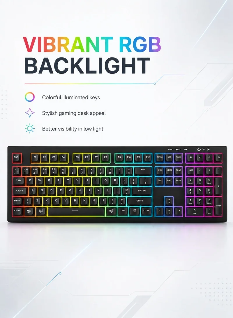 WYE RGB Wireless Gaming Keyboard with Mechanical-Feel Keys, 2.4GHz Connectivity, Full-Size Layout, RGB Backlight & Ergonomic Design for PC, Laptop & Windows - Black