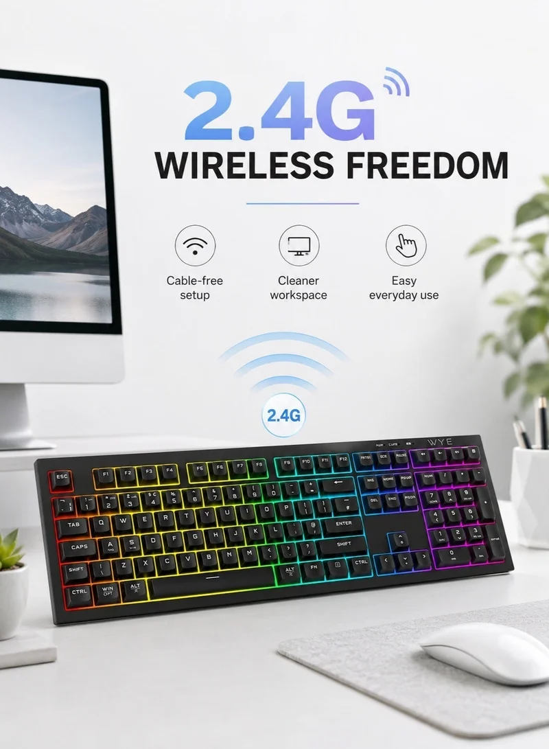 واي لوحة مفاتيح ألعاب لاسلكية بإضاءة RGB ومفاتيح ذات ملمس ميكانيكي، تدعم الاتصال بتردد 2.4 جيجاهرتز، وتتميز بتصميم كامل الحجم وإضاءة خلفية RGB وتصميم مريح للاستخدام مع أجهزة الكمبيوتر المكتبي والمحمول ونظام Windows - لون أسود.