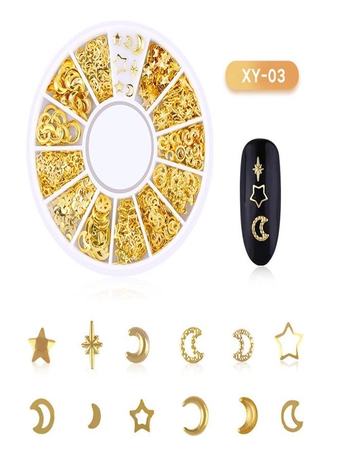 Jowxsx Mixed Gold Nail Charms Set Gold Nail Studs Gems Sparkling Rhinestones Metal Rivets Charms Hollow Moon Star Hearts Shaped Artificial Pearls DIY 3D Nail Art Decoration Rhinestones and Charms 1 Box - Image 2