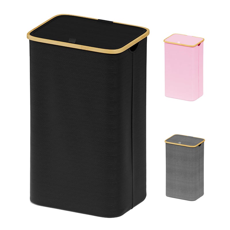 SUOCO Laundry Basket with Lid, 29 Gal (110L) Clothes Hamper with Bamboo Handles, Large Foldable Laundry Hamper for Bedroom, Bathroom, Dorm, Laundry Room - Black - Image 1