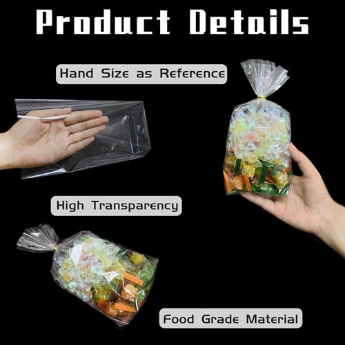 QOIUSO 6"x9" Cellophane Treat Bags: 50 Pack Clear Goodie Bags with Bottom Gusset, Stand-Up Small Plastic Gift Wrap for Candy, Cookie, Party Favors, Popcorn, Gifts – 60 Gold Twist Ties - Image 4