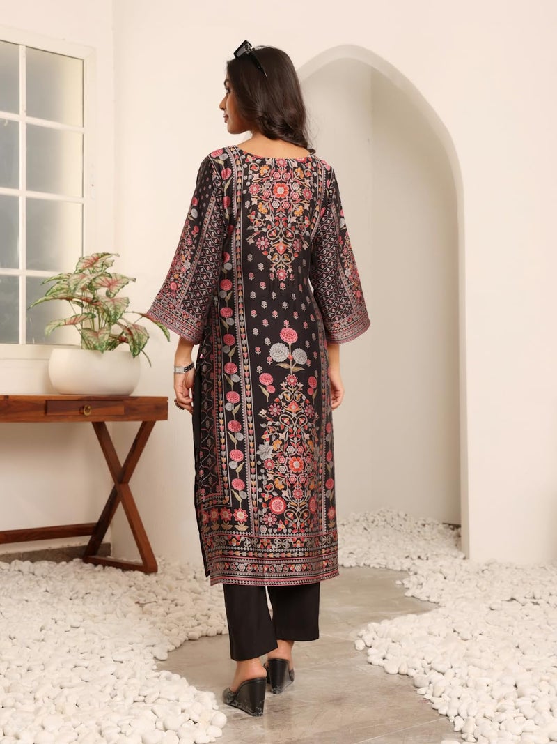 Varanga Women Black Ethnic Floral Printed Kurta with Solid Trouser - Comfortable & Stylish Set for a Chic Look - Image 4