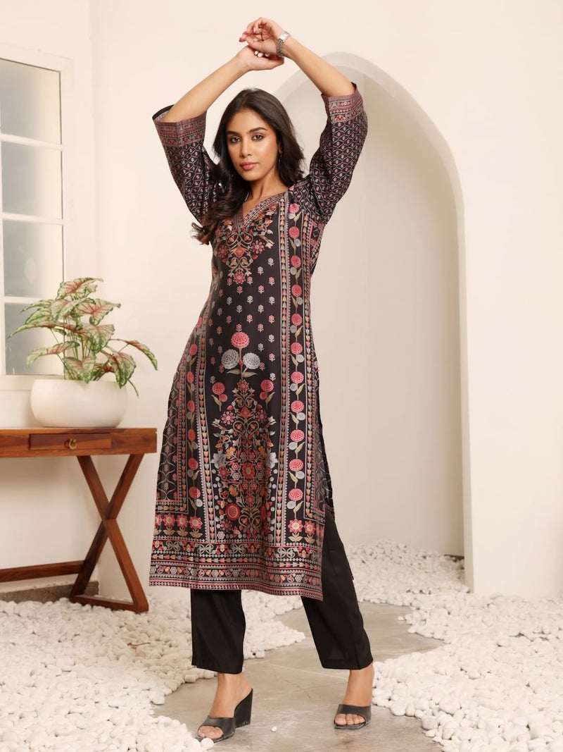 Varanga Women Black Ethnic Floral Printed Kurta with Solid Trouser - Comfortable & Stylish Set for a Chic Look - Image 3