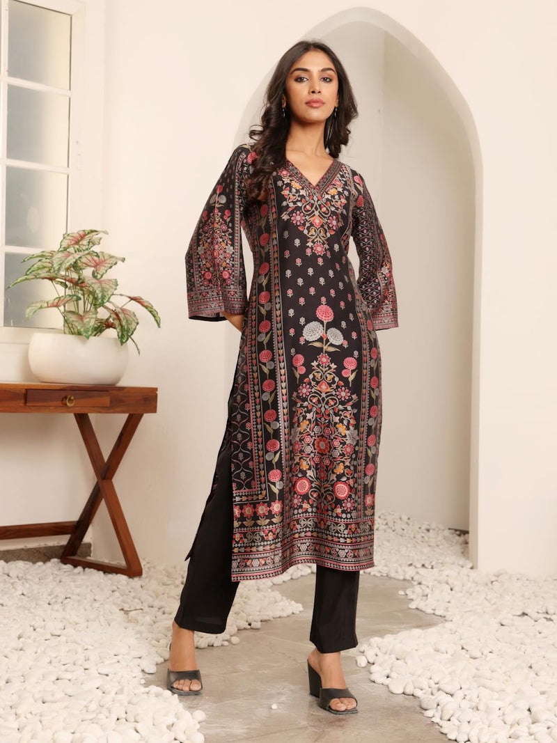 Varanga Women Black Ethnic Floral Printed Kurta with Solid Trouser - Comfortable & Stylish Set for a Chic Look - Image 2