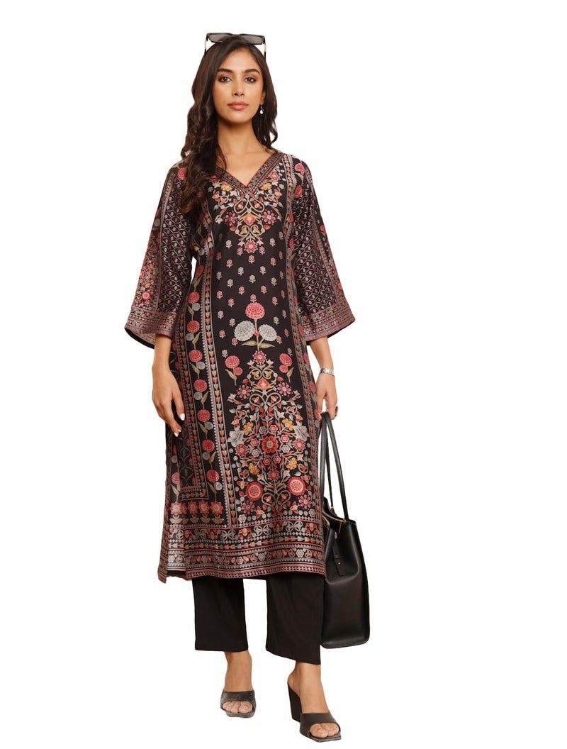 Varanga Women Black Ethnic Floral Printed Kurta with Solid Trouser - Comfortable & Stylish Set for a Chic Look - Image 1