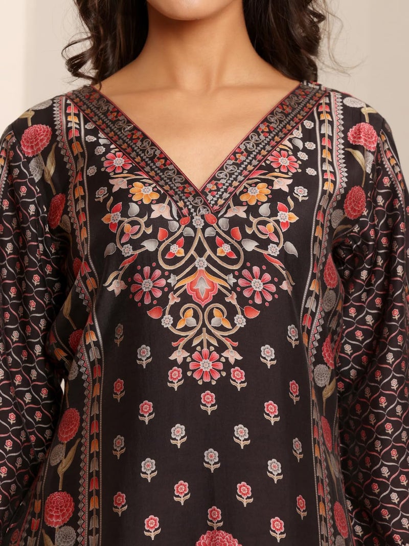 Varanga Women Black Ethnic Floral Printed Kurta with Solid Trouser - Comfortable & Stylish Set for a Chic Look - Image 5
