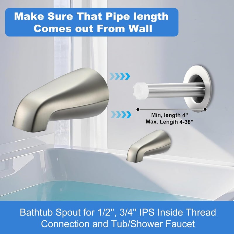 Coolfell Universal Bath Tub Spout with Adapter, Bathtub Faucet Spout Without Diverter, 5" Length Bathtub Spout for 1/2'', 3/4'' IPS Inside Thread Connection and Tub/Shower Faucet (Brushed Nickel) - Image 4