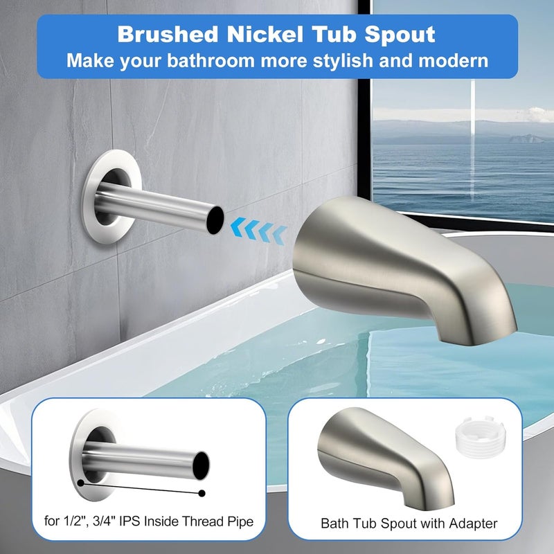 Coolfell Universal Bath Tub Spout with Adapter, Bathtub Faucet Spout Without Diverter, 5" Length Bathtub Spout for 1/2'', 3/4'' IPS Inside Thread Connection and Tub/Shower Faucet (Brushed Nickel) - Image 5