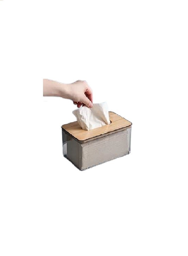 Clear Rectangular Abstract Design Tissue Holder with Bamboo Cover for Facial Tissue Holder in Bathroom, Living Room, Bedroom - Image 1