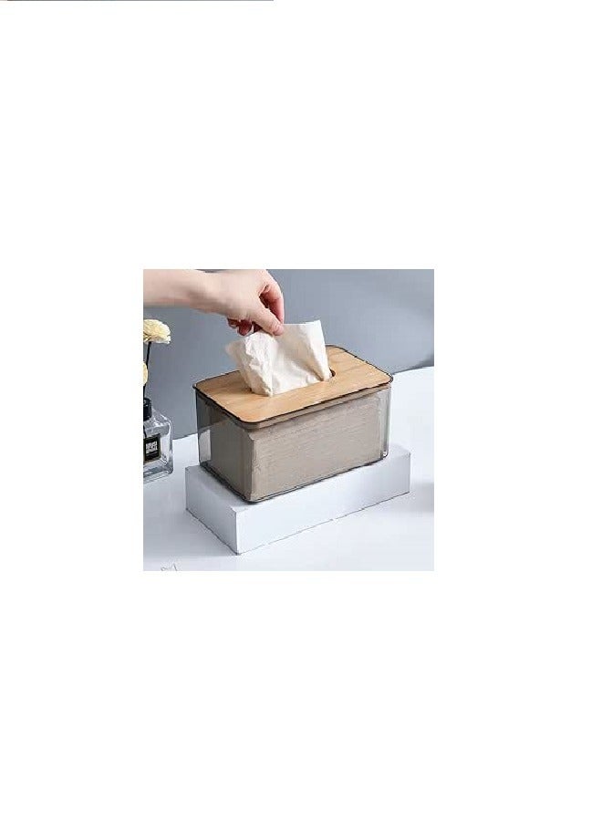 Clear Rectangular Abstract Design Tissue Holder with Bamboo Cover for Facial Tissue Holder in Bathroom, Living Room, Bedroom - Image 2