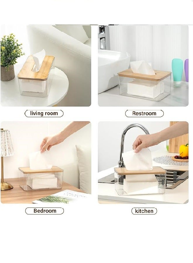 Clear Rectangular Abstract Design Tissue Holder with Bamboo Cover for Facial Tissue Holder in Bathroom, Living Room, Bedroom - Image 3