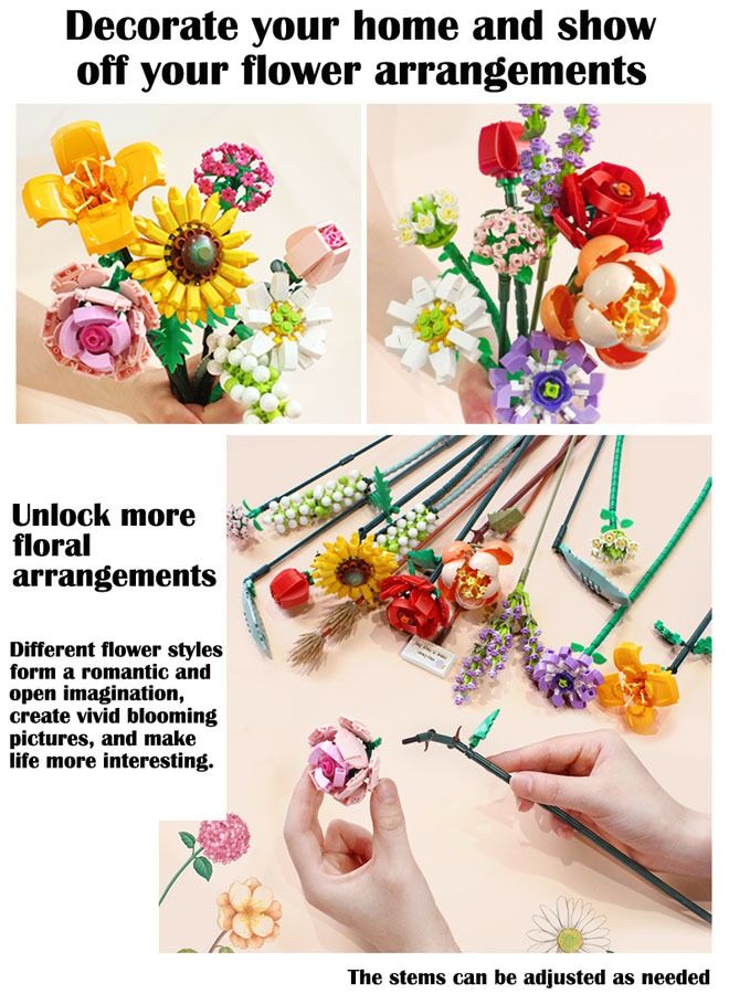 ZCM-HAPPY 547-Pieces of DIY Bouquet Building Blocks Decoration Immortal Flower Arrangement Gift Home Furnishings Assembly Toy Set - Image 2