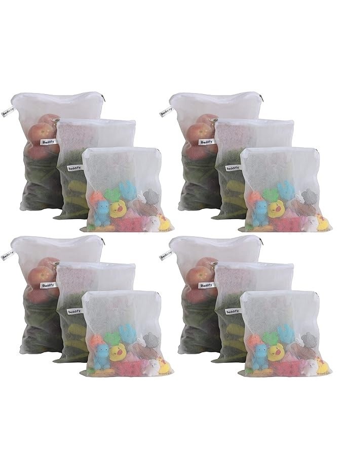 Beddify Set of 12 Reusable Fridge Storage Bags for Vegetables and Fruits with Zipper Dual Layer Mesh Net Multipurpose Multi-Size Kitchen Storage Bags Organizer (White) - Image 2