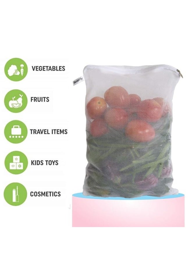 Beddify Set of 12 Reusable Fridge Storage Bags for Vegetables and Fruits with Zipper Dual Layer Mesh Net Multipurpose Multi-Size Kitchen Storage Bags Organizer (White) - Image 1