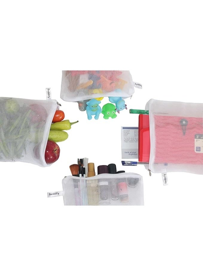 Beddify Set of 12 Reusable Fridge Storage Bags for Vegetables and Fruits with Zipper Dual Layer Mesh Net Multipurpose Multi-Size Kitchen Storage Bags Organizer (White) - Image 3