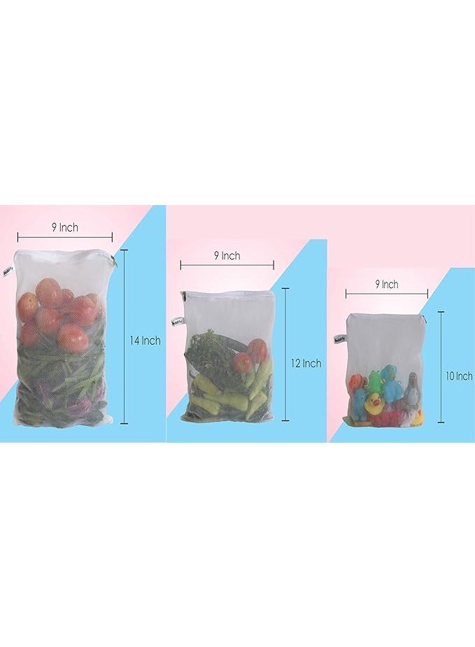 Beddify Set of 12 Reusable Fridge Storage Bags for Vegetables and Fruits with Zipper Dual Layer Mesh Net Multipurpose Multi-Size Kitchen Storage Bags Organizer (White) - Image 4