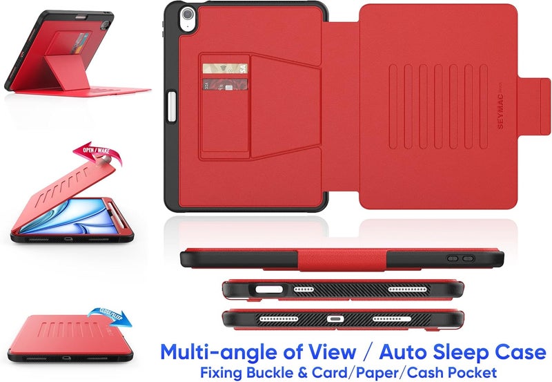 SEYMAC stock حافظة SEYMAC المخزنة لجهاز iPad Air 11 بوصة M4-M2 2026-2024 (الجيل 8-6)، حافظة مغناطيسية قوية مقاومة للصدمات مع حامل متعدد الزوايا ممتص، حامل قلم، فتحة بطاقة، أحمر - Image 2