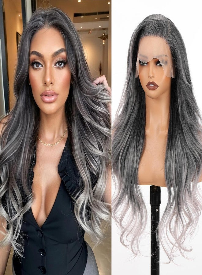 Allbell 13x6 Lace Front Wigs Synthetic Lace Front Wig Preplucked Hairline with Baby Hair 28inch Long Body Wave Lace Front Wigs for Black Women(Ombre Gray Silver) - Image 1