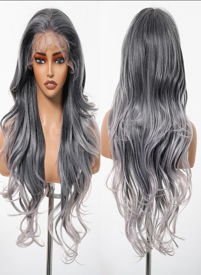 Allbell 13x6 Lace Front Wigs Synthetic Lace Front Wig Preplucked Hairline with Baby Hair 28inch Long Body Wave Lace Front Wigs for Black Women(Ombre Gray Silver) - Image 5
