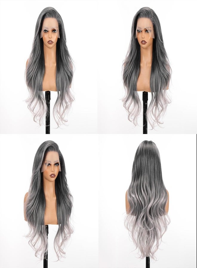 Allbell 13x6 Lace Front Wigs Synthetic Lace Front Wig Preplucked Hairline with Baby Hair 28inch Long Body Wave Lace Front Wigs for Black Women(Ombre Gray Silver) - Image 4