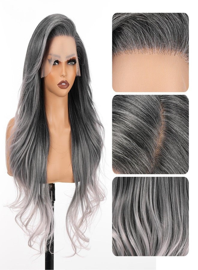 Allbell 13x6 Lace Front Wigs Synthetic Lace Front Wig Preplucked Hairline with Baby Hair 28inch Long Body Wave Lace Front Wigs for Black Women(Ombre Gray Silver) - Image 3