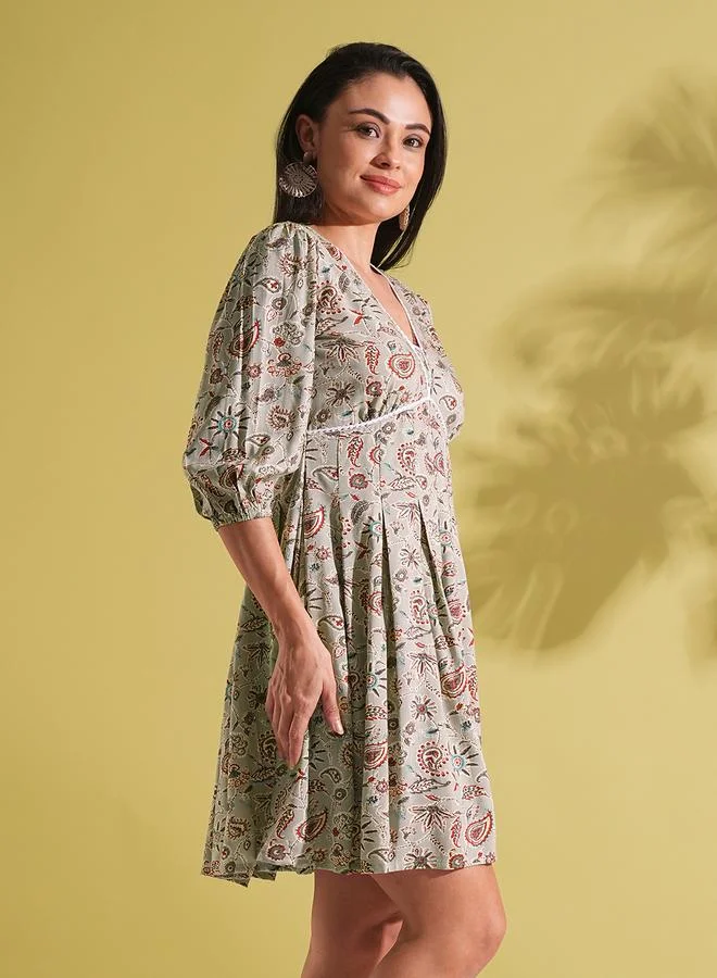 globus Globus Grey Paisley Print Pleated Fusion Mini Dress