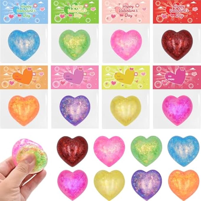 Menzcci 16 Pack Valentines Cards with Hearts Stress Balls Squishy Squeeze Toys for Kids School Classroom Valentines Card Prizes Party Favors Gifts - Image 1