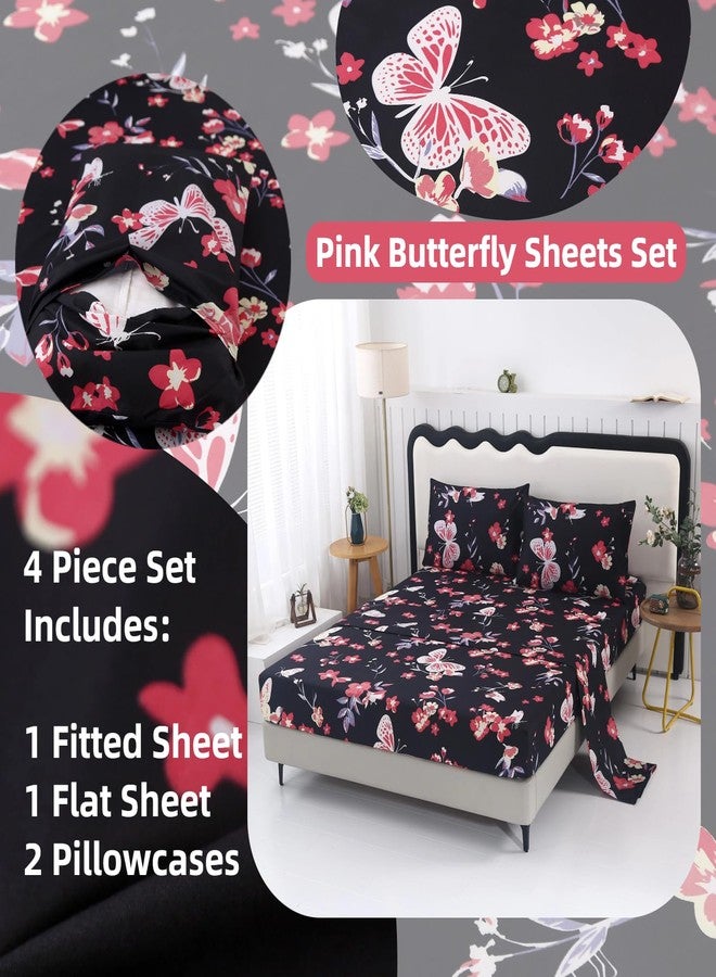 SDIII 4PCS Pink Butterfly Sheets Set Full, Soft Microfiber Butterfly Bed Sheets Full, Pink Butterflies Bedding Sheet for Girls Boys Kids and Teens - Image 2