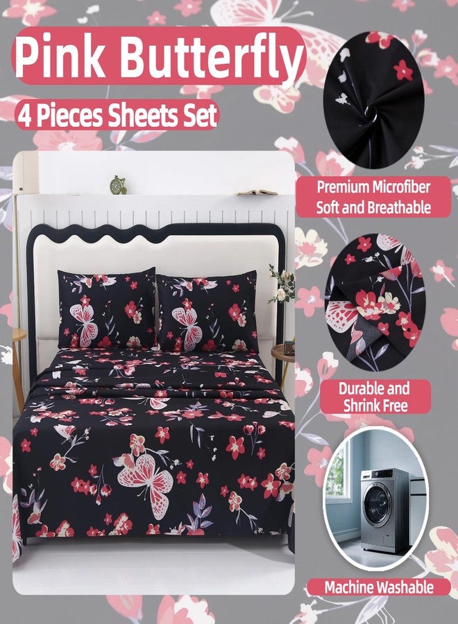 SDIII 4PCS Pink Butterfly Sheets Set Full, Soft Microfiber Butterfly Bed Sheets Full, Pink Butterflies Bedding Sheet for Girls Boys Kids and Teens - Image 3