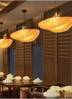SP Wooden Pendant Lamp Vintage Bamboo Lantern Ceiling Light Retro Round Chandelier Hand Woven Rattan Lampshade for Restaurant Living Room Bedroom Office Decorative Lighting Hanging Lamp E27  - Image 4