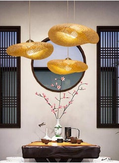 SP Wooden Pendant Lamp Vintage Bamboo Lantern Ceiling Light Retro Round Chandelier Hand Woven Rattan Lampshade for Restaurant Living Room Bedroom Office Decorative Lighting Hanging Lamp E27  - Image 3