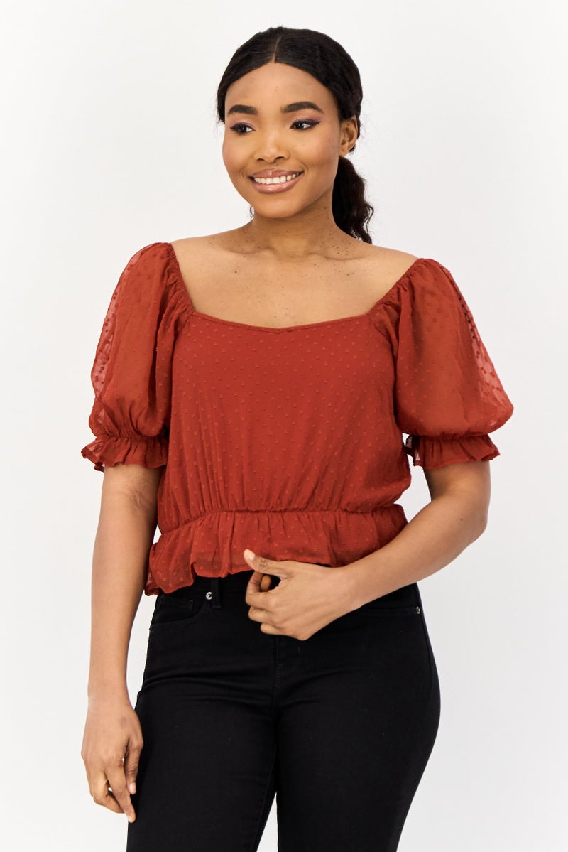 ONLY Women Square Neck Short Sleeve Textured Blouse, Maroon - Image 1