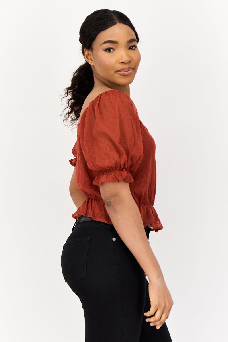 ONLY Women Square Neck Short Sleeve Textured Blouse, Maroon - Image 2