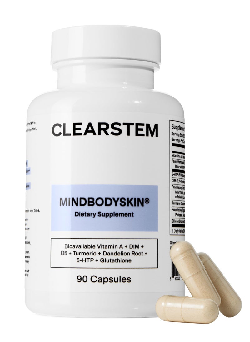 CLEARSTEM - MINDBODYSKIN Hormonal Acne Supplement (5-HTP) - Natural DIM Supplement - Skin Care Vitamins - Hormone Balance, Antioxidants - Gluten Free, Cruelty Free - 30 Servings, 90 Capsules - Image 1