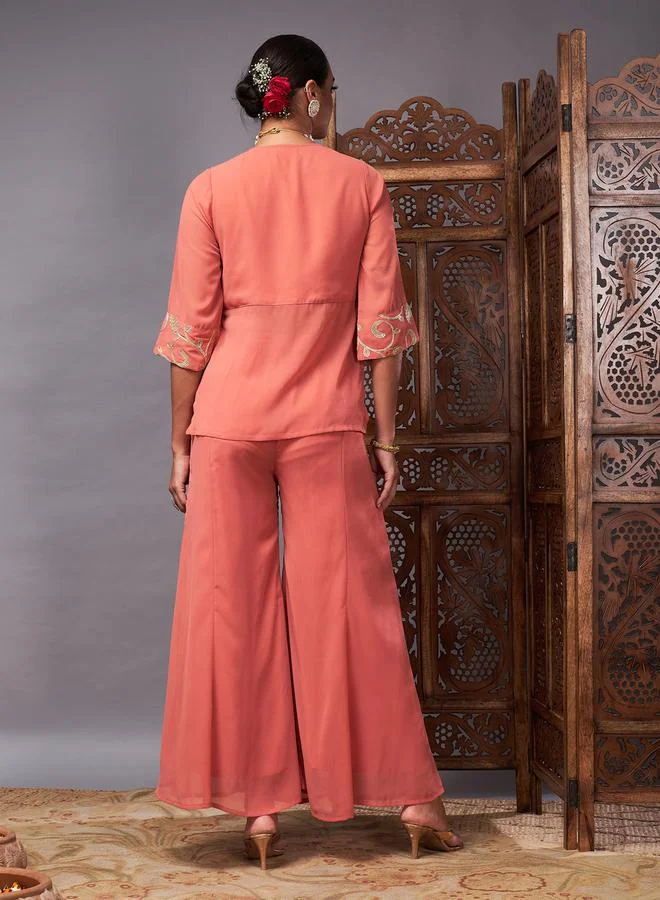 SASSAFRAS SASSAFRAS Embroidered Tie Up Neck Top and Palazzos Set