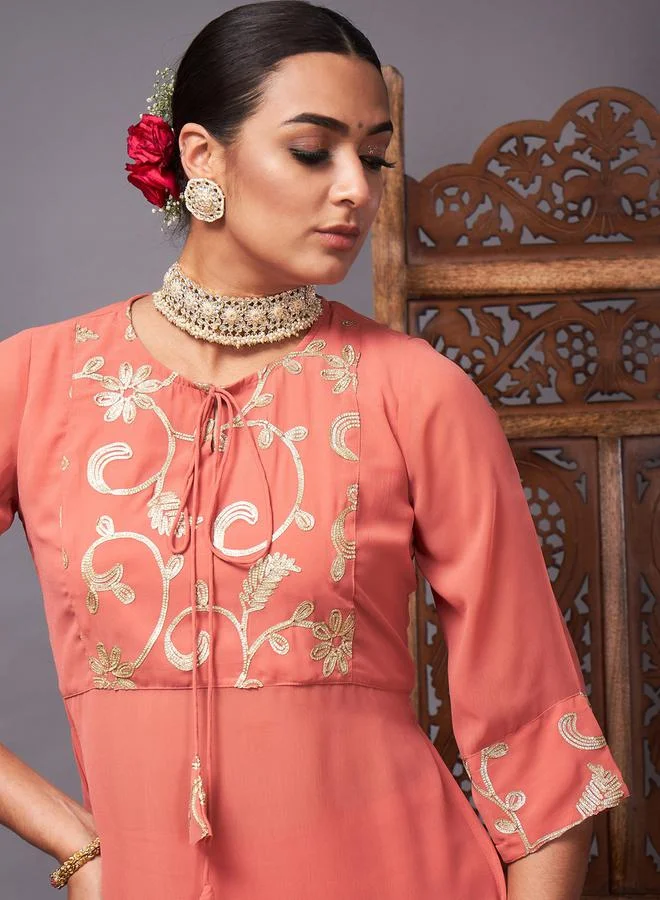 SASSAFRAS SASSAFRAS Embroidered Tie Up Neck Top and Palazzos Set