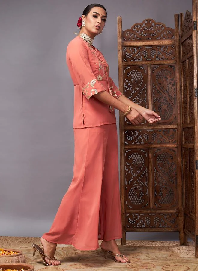 SASSAFRAS SASSAFRAS Embroidered Tie Up Neck Top and Palazzos Set