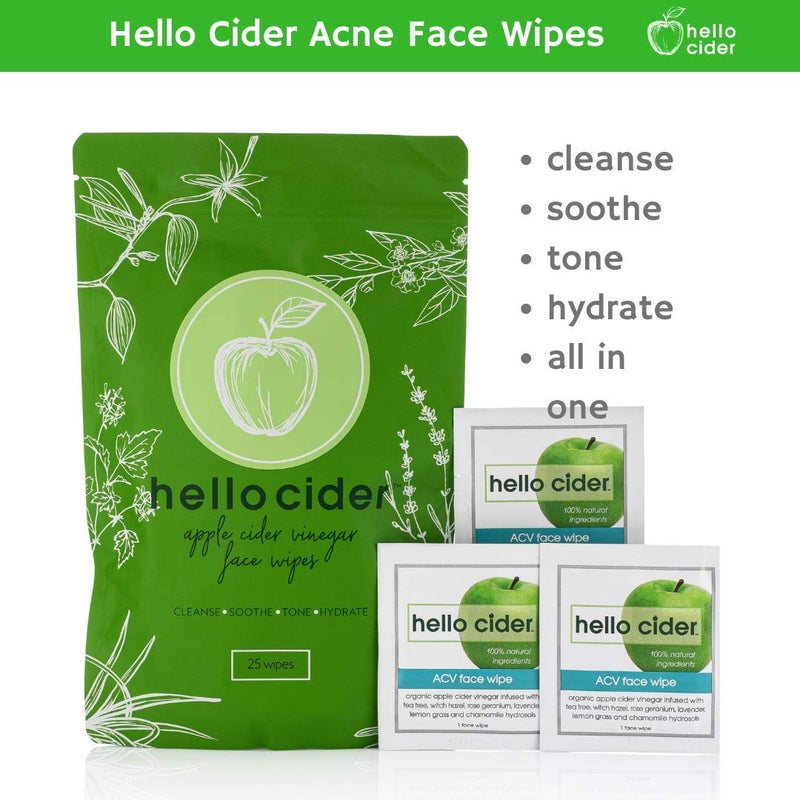 hello cider Apple Cider Vinegar Acne Face Wipes-Organic TeaTree, Rose, Chamomile, Witch Hazel.Oil free. Reduce Blemish & Acne. Tone,Restore, Sooth, Balance pH. Dry, Normal, Sensitive Skin. 25ct. USA Hello Cider - Image 3