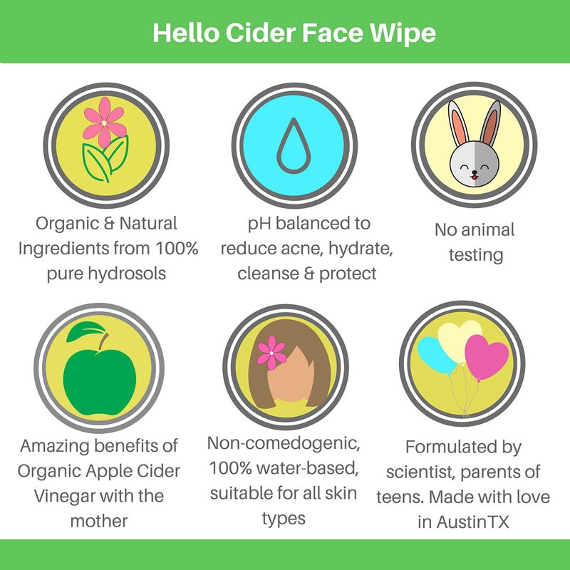 hello cider Apple Cider Vinegar Acne Face Wipes-Organic TeaTree, Rose, Chamomile, Witch Hazel.Oil free. Reduce Blemish & Acne. Tone,Restore, Sooth, Balance pH. Dry, Normal, Sensitive Skin. 25ct. USA Hello Cider - Image 4