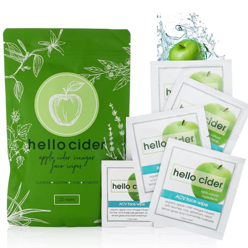 hello cider Apple Cider Vinegar Acne Face Wipes-Organic TeaTree, Rose, Chamomile, Witch Hazel.Oil free. Reduce Blemish & Acne. Tone,Restore, Sooth, Balance pH. Dry, Normal, Sensitive Skin. 25ct. USA Hello Cider - Image 1