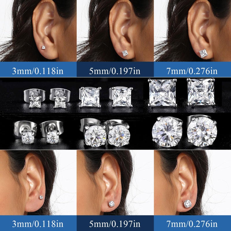 MDFUN 6 Pairs Earrings Set for Men 316L Stainless Steel 3/5/7mm CZ Round and Princess Square Ear Piercing Studs Hypoallergenic Jewelry (white) - Image 5