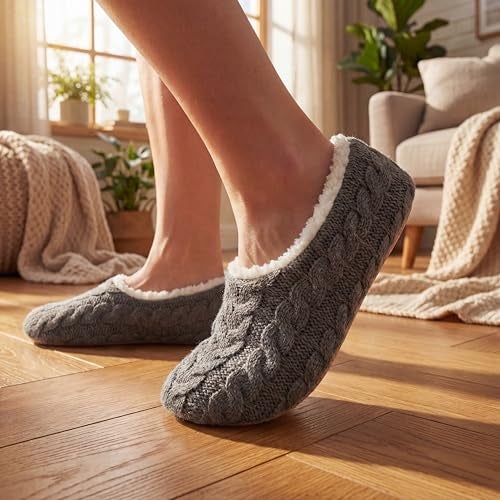 Cozylook 2-PK House Slippers for Women Indoor, Furry Non-slip Shoes, Cozy Fuzzy Fluffy Warm Bedroom Slippers With Soft Sole, Black Grey Size 5-6 - Image 2